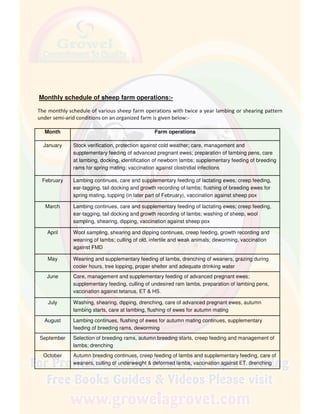 Monthly schedule of sheep farm operations:-
The monthly schedule of various sheep farm operations with twice a year lambing or shearing pattern
under semi-arid conditions on an organized farm is given below:-
Month Farm operations
January Stock verification, protection against cold weather; care, management and
supplementary feeding of advanced pregnant ewes; preparation of lambing pens, care
at lambing, docking, identification of newborn lambs; supplementary feeding of breeding
rams for spring mating; vaccination against clostridial infections
February Lambing continues, care and supplementary feeding of lactating ewes; creep feeding,
ear-tagging, tail docking and growth recording of lambs; flushing of breeding ewes for
spring mating, tupping (in later part of February), vaccination against sheep pox
March Lambing continues, care and supplementary feeding of lactating ewes; creep feeding,
ear-tagging, tail docking and growth recording of lambs; washing of sheep, wool
sampling, shearing, dipping, vaccination against sheep pox
April Wool sampling, shearing and dipping continues, creep feeding, growth recording and
weaning of lambs; culling of old, infertile and weak animals; deworming, vaccination
against FMD
May Weaning and supplementary feeding of lambs, drenching of weaners, grazing during
cooler hours, tree lopping, proper shelter and adequate drinking water
June Care, management and supplementary feeding of advanced pregnant ewes;
supplementary feeding, culling of undesired ram lambs, preparation of lambing pens,
vaccination against tetanus, ET & HS.
July Washing, shearing, dipping, drenching, care of advanced pregnant ewes, autumn
lambing starts, care at lambing, flushing of ewes for autumn mating
August Lambing continues, flushing of ewes for autumn mating continues, supplementary
feeding of breeding rams, deworming
September Selection of breeding rams, autumn breeding starts, creep feeding and management of
lambs; drenching
October Autumn breeding continues, creep feeding of lambs and supplementary feeding, care of
weaners, culling of underweight & deformed lambs, vaccination against ET, drenching
 