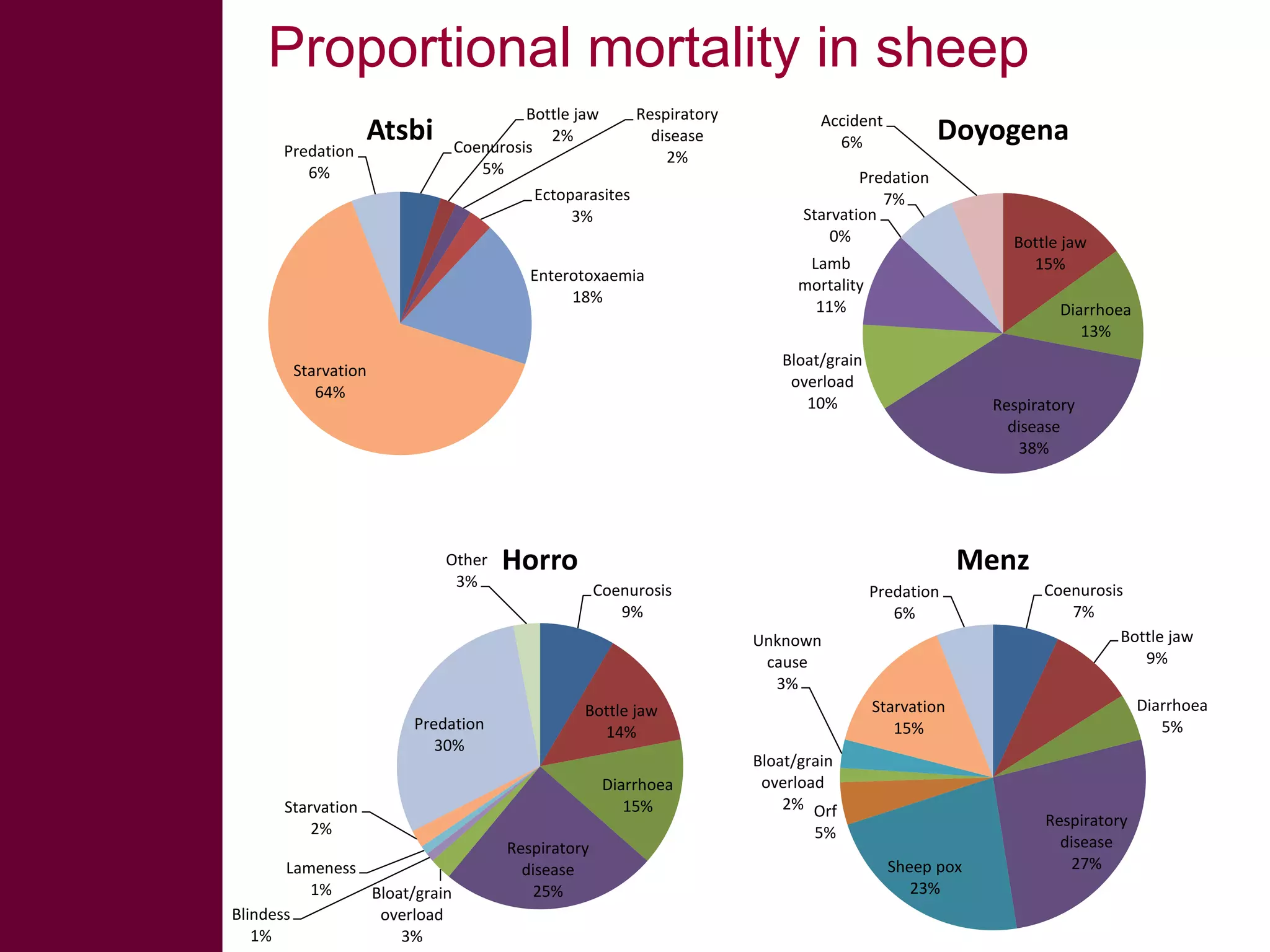 Proportional mortality in sheep
Predation
6%

Bottle jaw
Respiratory
2%
disease
Coenurosis
2%
5%
Ectoparasites
3%

Atsbi

Enterotoxaemia
18%

Accident
6%

Doyogena

Predation
7%
Starvation
0%

Bottle jaw
15%

Lamb
mortality
11%

Diarrhoea
13%

Bloat/grain
overload
10%

Starvation
64%

Other
3%

Respiratory
disease
38%

Horro

Menz
Coenurosis
9%

Predation
6%
Unknown
cause
3%

Predation
30%

Diarrhoea
15%

Lameness
1%
Bloat/grain
Blindess
overload
1%
3%

Respiratory
disease
25%

Diarrhoea
5%

Starvation
15%

Bottle jaw
14%

Starvation
2%

Coenurosis
7%
Bottle jaw
9%

Bloat/grain
overload
2% Orf
5%

Sheep pox
23%

Respiratory
disease
27%

 