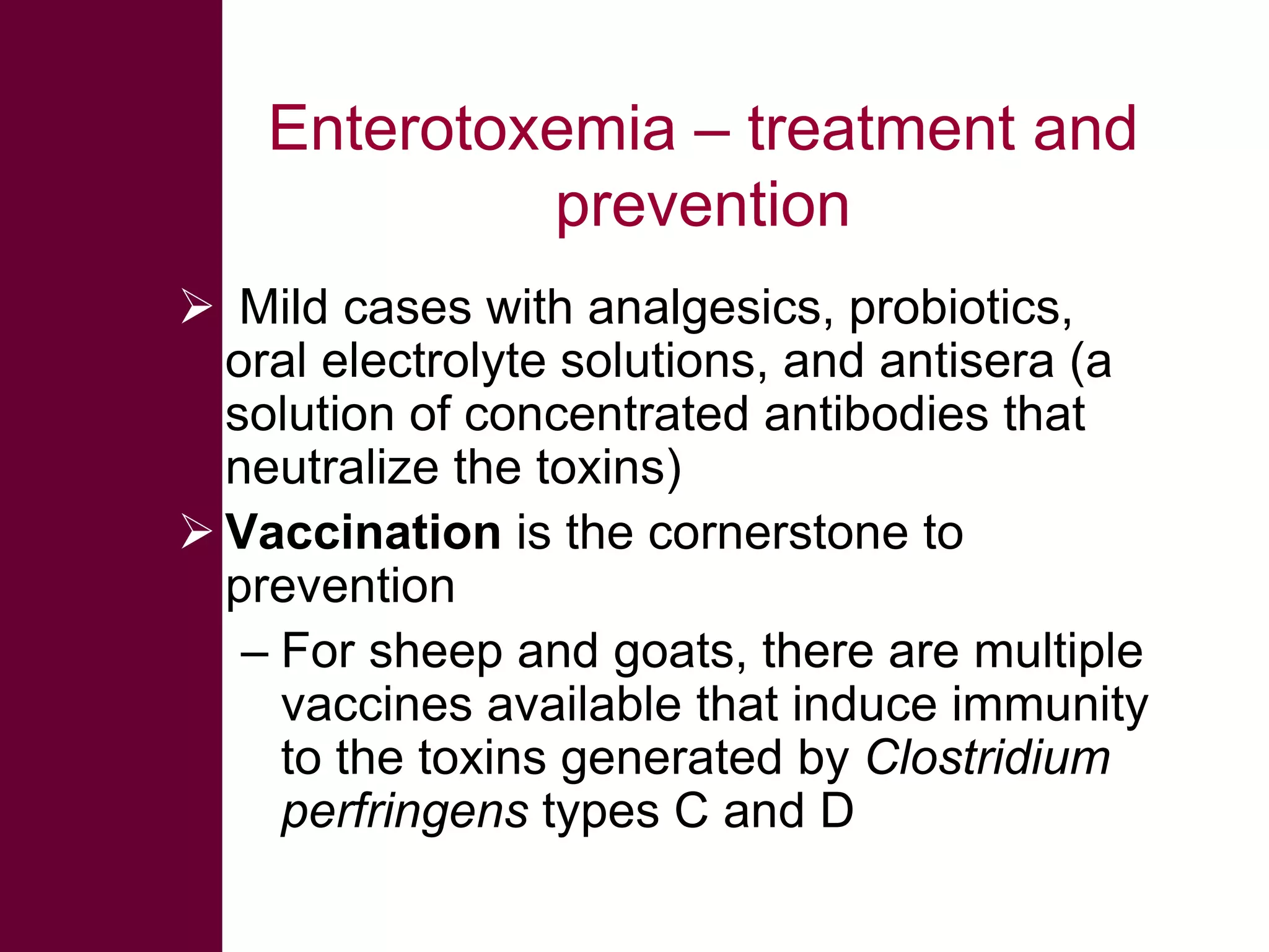 Enterotoxemia – treatment and
prevention
 Mild cases with analgesics, probiotics,
oral electrolyte solutions, and antisera (a
solution of concentrated antibodies that
neutralize the toxins)
 Vaccination is the cornerstone to
prevention
– For sheep and goats, there are multiple
vaccines available that induce immunity
to the toxins generated by Clostridium
perfringens types C and D

 