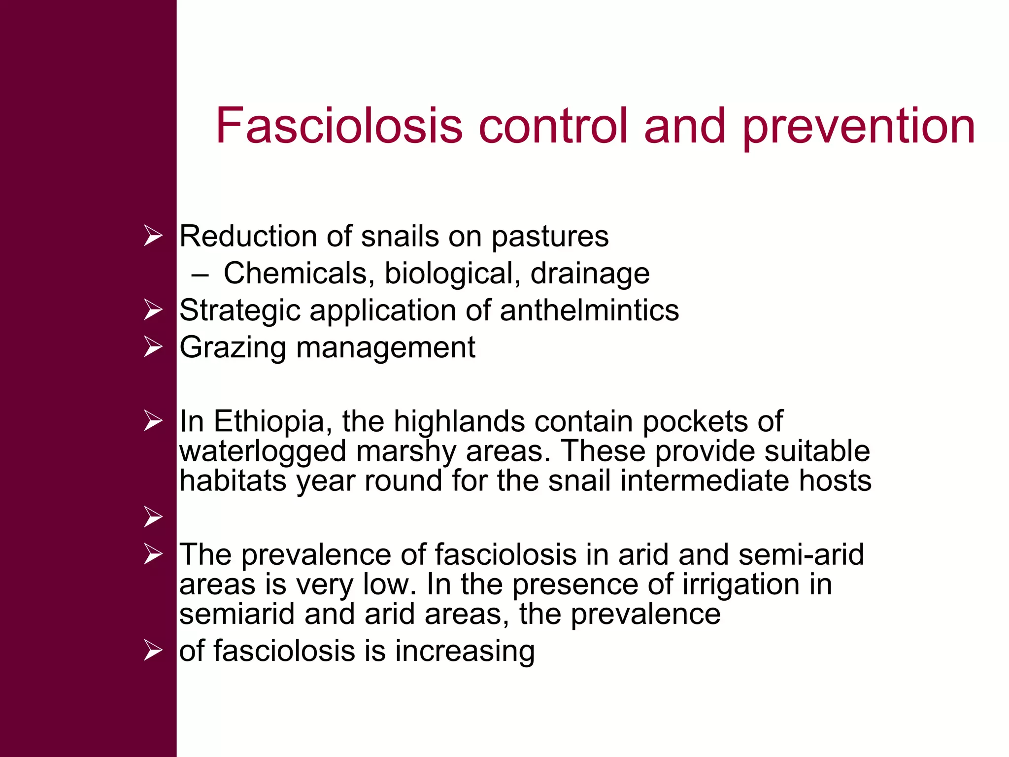 Fasciolosis control and prevention
 Reduction of snails on pastures
– Chemicals, biological, drainage
 Strategic application of anthelmintics
 Grazing management
 In Ethiopia, the highlands contain pockets of
waterlogged marshy areas. These provide suitable
habitats year round for the snail intermediate hosts

 The prevalence of fasciolosis in arid and semi-arid
areas is very low. In the presence of irrigation in
semiarid and arid areas, the prevalence
 of fasciolosis is increasing

 