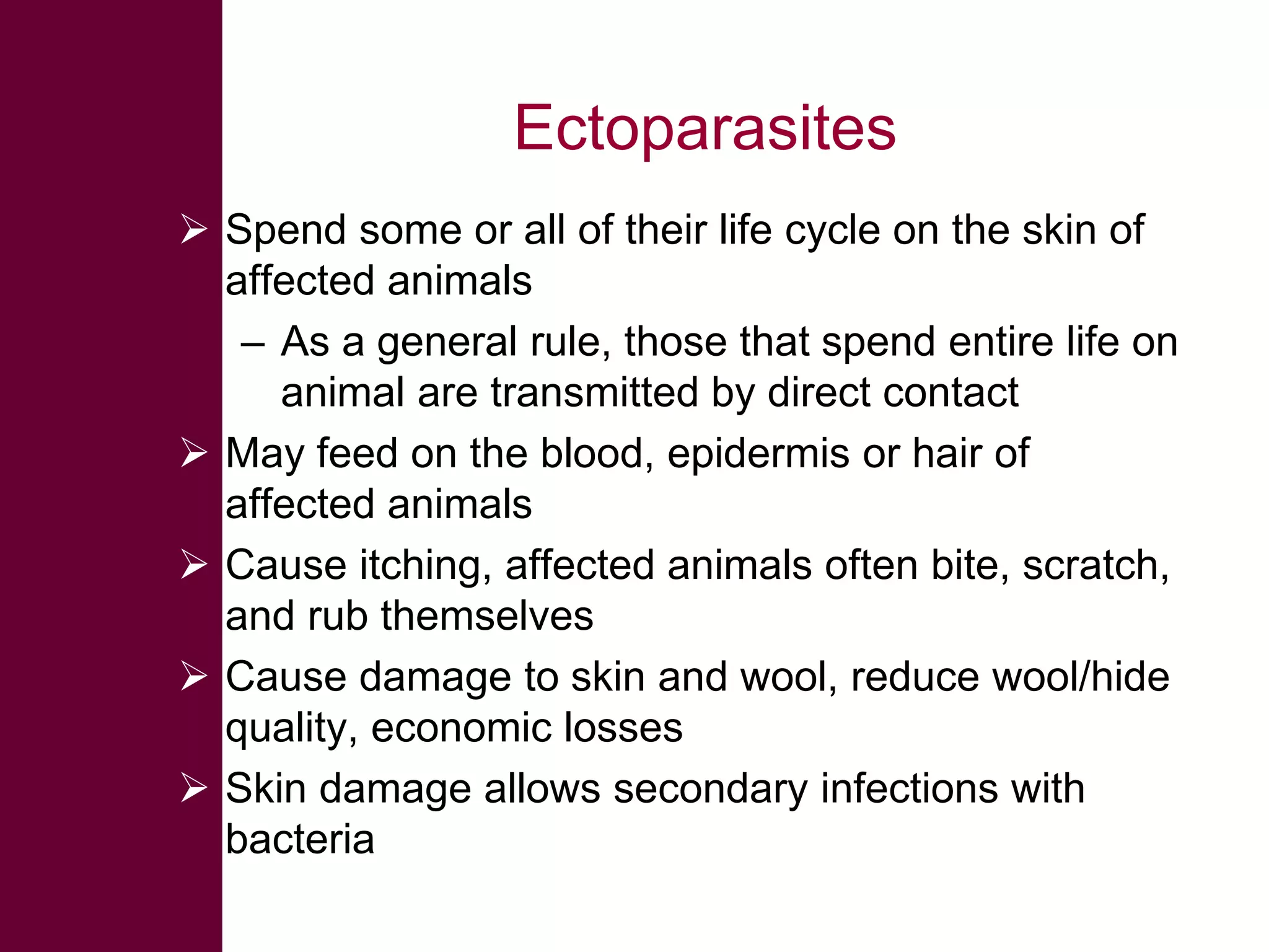 Ectoparasites
 Spend some or all of their life cycle on the skin of
affected animals
– As a general rule, those that spend entire life on
animal are transmitted by direct contact
 May feed on the blood, epidermis or hair of
affected animals
 Cause itching, affected animals often bite, scratch,
and rub themselves
 Cause damage to skin and wool, reduce wool/hide
quality, economic losses
 Skin damage allows secondary infections with
bacteria

 