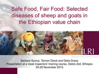 Safe Food, Fair Food: Selected
diseases of sheep and goats in
the Ethiopian value chain

Barbara Szonyi, Tamsin Dewé and Delia Grace
Presentation at a meat inspectors’ training course, Debre Zeit, Ethiopia
25-29 November 2013

 