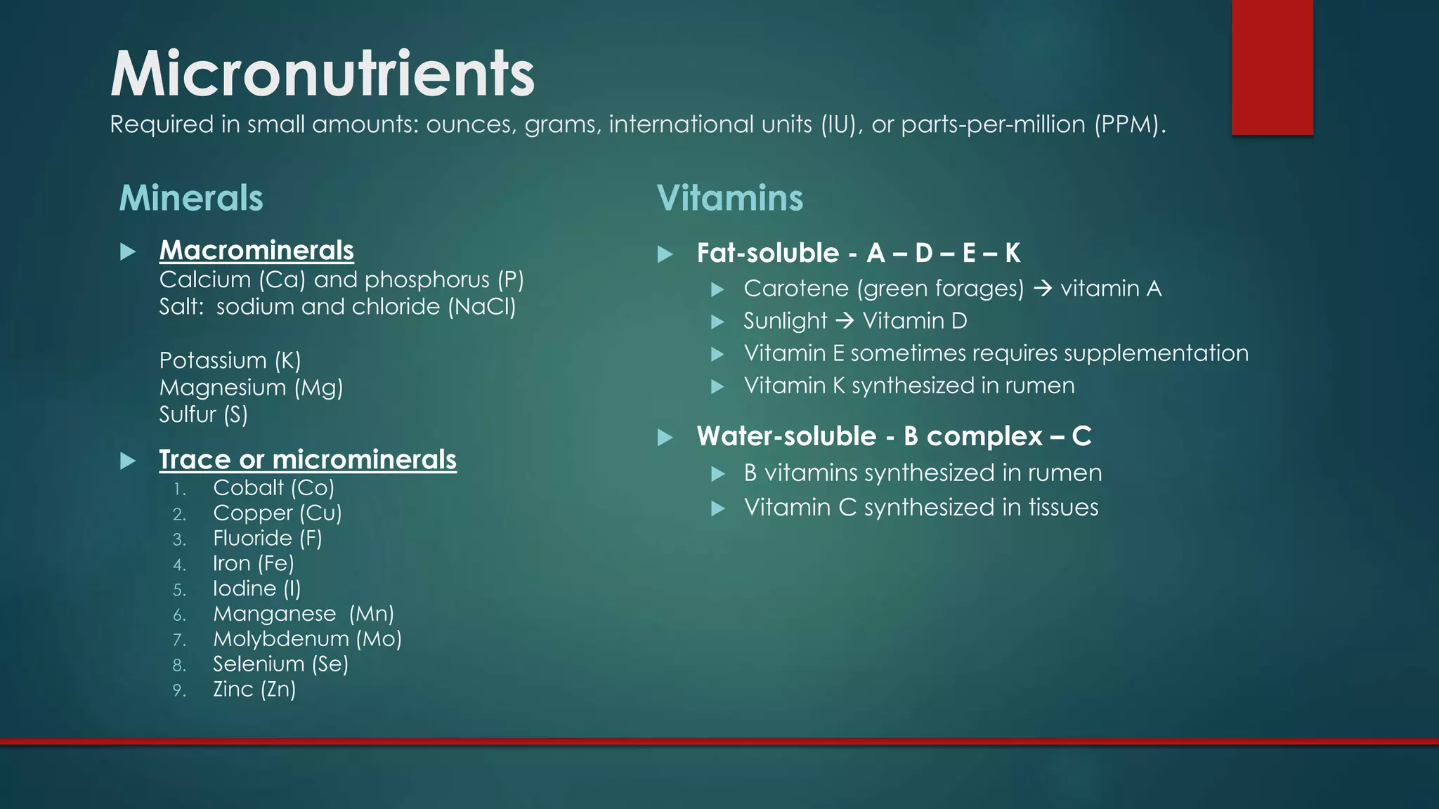 Micronutrients
Required in small amounts: ounces, grams, international units (IU), or parts-per-million (PPM).
Minerals
 Macrominerals
Calcium (Ca) and phosphorus (P)
Salt: sodium and chloride (NaCl)
Potassium (K)
Magnesium (Mg)
Sulfur (S)
 Trace or microminerals
1. Cobalt (Co)
2. Copper (Cu)
3. Fluoride (F)
4. Iron (Fe)
5. Iodine (I)
6. Manganese (Mn)
7. Molybdenum (Mo)
8. Selenium (Se)
9. Zinc (Zn)
Vitamins
 Fat-soluble - A – D – E – K
 Carotene (green forages)  vitamin A
 Sunlight  Vitamin D
 Vitamin E sometimes requires supplementation
 Vitamin K synthesized in rumen
 Water-soluble - B complex – C
 B vitamins synthesized in rumen
 Vitamin C synthesized in tissues
 