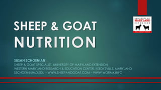 SHEEP & GOAT
NUTRITION
SUSAN SCHOENIAN
SHEEP & GOAT SPECIALIST, UNIVERSITY OF MARYLAND EXTENSION
WESTERN MARYLAND RESEARCH & EDUCATION CENTER, KEEDYSVILLE, MARYLAND
SSCHOEN@UMD.EDU – WWW.SHEEPANDGOAT.COM – WWW.WORMX.INFO
 