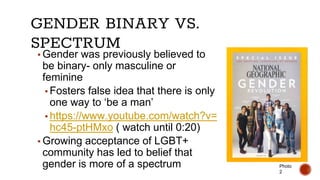 GENDER BINARY VS.
SPECTRUM
▪ Gender was previously believed to
be binary- only masculine or
feminine
▪ Fosters false idea ...