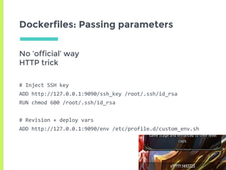 Dockerfiles: Passing parameters
# Inject SSH key
ADD http://127.0.0.1:9090/ssh_key /root/.ssh/id_rsa
RUN chmod 600 /root/.ssh/id_rsa
# Revision + deploy vars
ADD http://127.0.0.1:9090/env /etc/profile.d/custom_env.sh
No ‘official’ way
HTTP trick
 