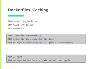 Dockerfiles: Caching
FROM uken/ruby_20:latest
ENV RAILS_ENV design
ENV WORKERS 4
ADD ./Gemfile /app/Gemfile
ADD ./Gemfile.lock /app/Gemfile.lock
RUN cd /app && bundle install --jobs 4 --deployment
ADD ./ /app
RUN cd /app && bundle exec rake assets:precompile
 