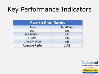 Key Performance Indicators
Ewe to Ram Ratios
Ram Total Ewes
009 1:45
BIG FRENCH 1:42
FRANK 1:44
LITTLE FRENCH 1:38
Average Ratio 1:42
 