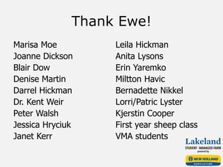 Thank Ewe!
Marisa Moe
Joanne Dickson
Blair Dow
Denise Martin
Darrel Hickman
Dr. Kent Weir
Peter Walsh
Jessica Hryciuk
Janet Kerr
Leila Hickman
Anita Lysons
Erin Yaremko
Miltton Havic
Bernadette Nikkel
Lorri/Patric Lyster
Kjerstin Cooper
First year sheep class
VMA students
 