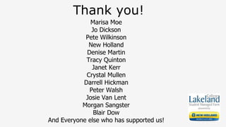 Thank you!
Marisa Moe
Jo Dickson
Pete Wilkinson
New Holland
Denise Martin
Tracy Quinton
Janet Kerr
Crystal Mullen
Darrell Hickman
Peter Walsh
Josie Van Lent
Morgan Sangster
Blair Dow
And Everyone else who has supported us!
 