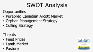 SWOT Analysis
Opportunities
• Purebred Canadian Arcott Market
• Orphan Management Strategy
• Culling Strategy
Threats
• Feed Prices
• Lamb Market
• Pasture
 