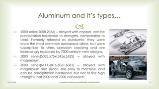  2000 series(2008,2036) – alloyed with copper, can be
precipitation hardened to strengths, comparable to
steel. Formerly referred as duralumin, they were
once the most common aerospace alloys, but were
susceptible to stress corrosion cracking and are
increasingly replaced by 7000 series in new designs.
 5000 series(5083,5754,5456,5182) – alloyed with
magnesium.
 6000 series(6111,6016,6061,6063) – alloyed with
magnesium and silicon, are easy to machine, and
can be precipitation hardened, but not to the high
strengths that 2000 and 7000 can reach.
Aluminum and it’s types…
2/17/2016 Compiled & Edited by SIVARAMAN VELMURUGAN 11
 