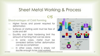 
Sheet Metal Working & Process
2/17/2016 Compiled & Edited by SIVARAMAN VELMURUGAN 27
Disadvantages of Cold Forming
 Higher forces and power required for
deformation
 Surfaces of starting work must be free of
scale and dirt
 Ductility and strain hardening limit the
amount of forming that can be done
 In some cases, metal must be
annealed before further deformation
can be accomplished
 In other cases, metal is simply not
ductile enough to be cold worked
 