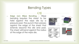 
 Edge (or) Wipe Bending - Wipe
bending requires the sheet to be
held against the wipe die by a
pressure pad. The punch then presses
against the edge of the sheet that
extends beyond the die and pad.
The sheet will bend against the radius
of the edge of the wipe die.
Bending Types
2/17/2016 Compiled & Edited by SIVARAMAN VELMURUGAN 50
 