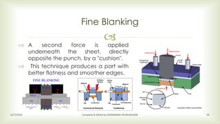 
Fine Blanking
2/17/2016 Compiled & Edited by SIVARAMAN VELMURUGAN 55
 A second force is applied
underneath the sheet, directly
opposite the punch, by a "cushion".
 This technique produces a part with
better flatness and smoother edges.
 