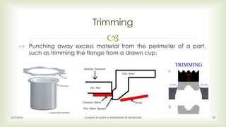 
Trimming
2/17/2016 Compiled & Edited by SIVARAMAN VELMURUGAN 59
 Punching away excess material from the perimeter of a part,
such as trimming the flange from a drawn cup.
 