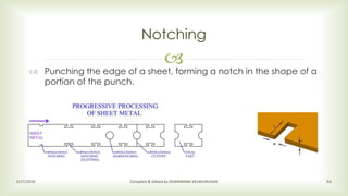 
Notching
2/17/2016 Compiled & Edited by SIVARAMAN VELMURUGAN 63
 Punching the edge of a sheet, forming a notch in the shape of a
portion of the punch.
 