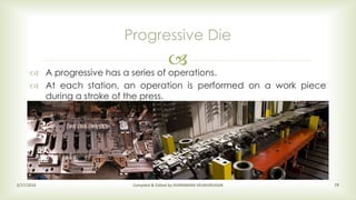 
Progressive Die
2/17/2016 Compiled & Edited by SIVARAMAN VELMURUGAN 79
 A progressive has a series of operations.
 At each station, an operation is performed on a work piece
during a stroke of the press.
 