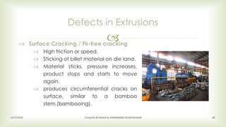 
Defects in Extrusions
2/17/2016 Compiled & Edited by SIVARAMAN VELMURUGAN 85
 Surface Cracking / Fir-tree cracking
 High friction or speed.
 Sticking of billet material on die land.
 Material sticks, pressure increases,
product stops and starts to move
again.
 produces circumferential cracks on
surface, similar to a bamboo
stem.(bambooing).
 