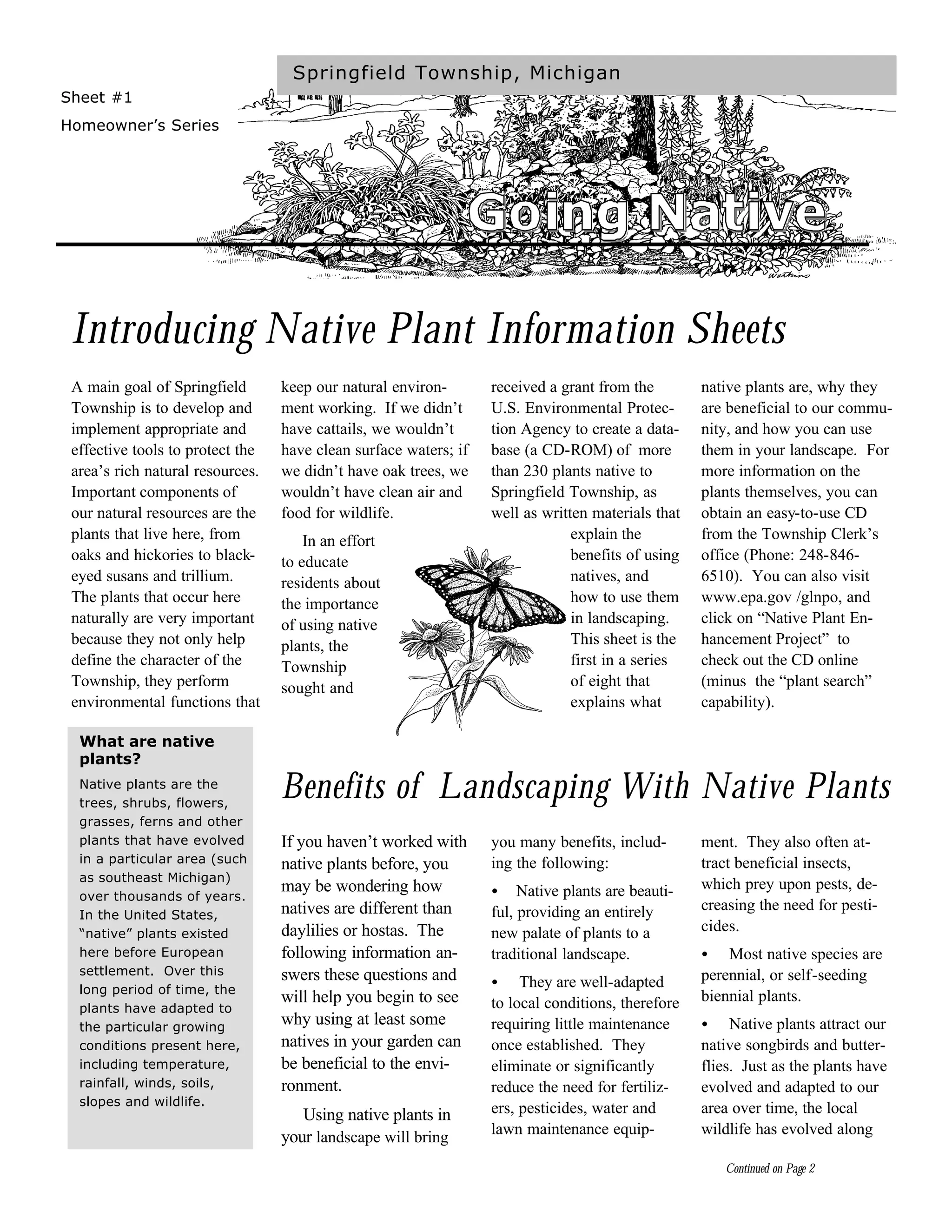 Springfield Township, Michigan
Sheet #1
Homeowner’s Series




                                                                  Going Native

 Introducing Native Plant Information Sheets
 A main goal of Springfield       keep our natural environ-       received a grant from the        native plants are, why they
 Township is to develop and       ment working. If we didn’t      U.S. Environmental Protec-       are beneficial to our commu-
 implement appropriate and        have cattails, we wouldn’t      tion Agency to create a data-    nity, and how you can use
 effective tools to protect the   have clean surface waters; if   base (a CD-ROM) of more          them in your landscape. For
 area’s rich natural resources.   we didn’t have oak trees, we    than 230 plants native to        more information on the
 Important components of          wouldn’t have clean air and     Springfield Township, as         plants themselves, you can
 our natural resources are the    food for wildlife.              well as written materials that   obtain an easy-to-use CD
 plants that live here, from          In an effort                             explain the         from the Township Clerk’s
 oaks and hickories to black-     to educate                                   benefits of using   office (Phone: 248-846-
 eyed susans and trillium.        residents about                              natives, and        6510). You can also visit
 The plants that occur here       the importance                               how to use them     www.epa.gov /glnpo, and
 naturally are very important     of using native                              in landscaping.     click on “Native Plant En-
 because they not only help       plants, the                                  This sheet is the   hancement Project” to
 define the character of the      Township                                     first in a series   check out the CD online
 Township, they perform           sought and                                   of eight that       (minus the “plant search”
 environmental functions that                                                  explains what       capability).

  What are native
  plants?
  Native plants are the
  trees, shrubs, flowers,
                                  Benefits of Landscaping With Native Plants
  grasses, ferns and other
  plants that have evolved        If you haven’t worked with      you many benefits, includ-       ment. They also often at-
  in a particular area (such      native plants before, you       ing the following:               tract beneficial insects,
  as southeast Michigan)
                                  may be wondering how            •    Native plants are beauti-   which prey upon pests, de-
  over thousands of years.
                                  natives are different than      ful, providing an entirely       creasing the need for pesti-
  In the United States,
  “native” plants existed         daylilies or hostas. The        new palate of plants to a        cides.
  here before European            following information an-       traditional landscape.           •   Most native species are
  settlement. Over this           swers these questions and                                        perennial, or self-seeding
  long period of time, the
                                                                  •    They are well-adapted
                                  will help you begin to see      to local conditions, therefore   biennial plants.
  plants have adapted to
  the particular growing
                                  why using at least some         requiring little maintenance     •    Native plants attract our
  conditions present here,        natives in your garden can      once established. They           native songbirds and butter-
  including temperature,          be beneficial to the envi-      eliminate or significantly       flies. Just as the plants have
  rainfall, winds, soils,         ronment.                        reduce the need for fertiliz-    evolved and adapted to our
  slopes and wildlife.
                                     Using native plants in       ers, pesticides, water and       area over time, the local
                                                                  lawn maintenance equip-          wildlife has evolved along
                                  your landscape will bring
                                                                                                       Continued on Page 2
 
