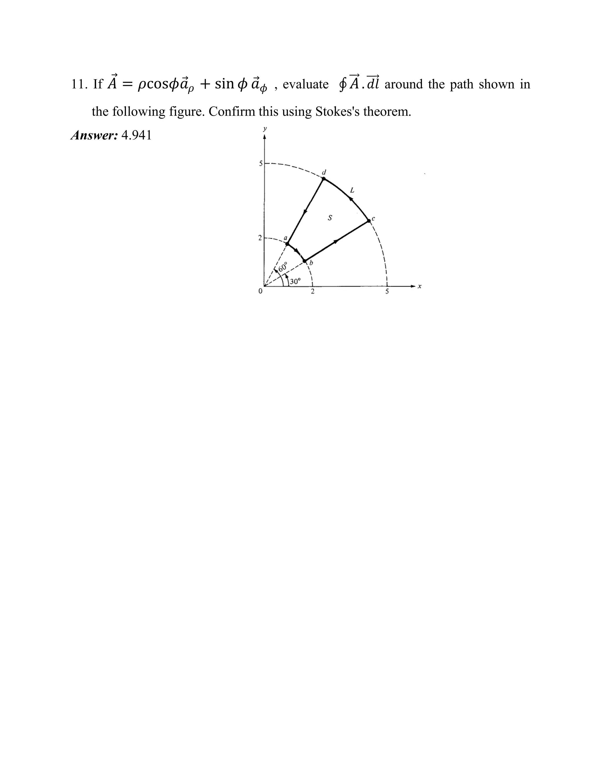 11. If 퐴 =휌cos휙푎 휌+sin휙푎 휙 , evaluate 퐴 .푑푙 around the path shown in the following figure. Confirm this using Stokes's theorem. Answer: 4.941 