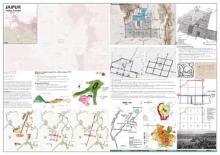 India
Group No: 05			 Subject: Urban Planning 			 Semester: 9th			 Topic: Brasillia and Jaipur			 BMCA
JAIPUR
Indian Context
Location: 26.92n, 75.82e
Altitude: 431 m above msl
Area: 484.64 km2
Population: 3,046,189
Density: 6300/km sq
Jaipur city is Rajasthan’s capital and largest city.It is situated
in the eastern border of Thar desert.It is 258 kms from Delhi
and 232 kms from Agra, it forms a golden triangle to attract
tourists.Jaipur is the capital and the largest city of the Indian
state of Rajasthan.It was founded on 18 November 1727 by
Maharaja Sawai Jai Singh 2, the city has been named after
him.Jaipur is also known as pink city and Paris of India.
Population:While, the current population of Jaipur is
estimated to be around 80 Lacs, its population, according
to census of 2011, was 66,26,178.Its population growth
rate over the decade 2001-2011 was 26.91%.Jaipur has a
sex ratio of 909 females for every 1000 males and a literacy
rate of 76.44%.The district has a population density of 598
inhabitants per square kilometer.
Climate: Jaipur has a semi-arid type of climate.
Temperatures vary in different seasons.  May and June are
the hottest months in Jaipur. Temperature reaches up to 40-
45oC in these months. Annual rainfall is concentrated in the
monsoon months between June (Last of June) and September.
Reasons to change his capital from amber to jaipur (1727)
Military reasons
•	 Defence
•	 A site at the South of Amber ensured greater distance from Delhi.
•	 the out skirting hill ranges (Nahargarh hills)
•	 shaped as a horseshoe would allow the new city to expand only in the
South.
•	 It was an open plain bounded on the northwest and east by hills.
Geographical Reasons
•	 The rocky terrain of Amber restricted expansion.
•	 Jaipur had the potentialities of developing into a city with adequate
drinking water due to the presence of a perennial stream nearby.
•	 good drainage system.
•	 Its rugged hills also ensured a constant supply a of building material.
Conceptual Planning
•	 It is a model of town planning the first planned city in India. It is
based on Hindu systems of town planning and followed the principles
prescribed in the Shilpa-shastra, an ancient Indian treatise on
architecture .according to this shastra the site should be divided into
grids or mandalas ranging from 2x 2 to 10 x 10.
•	 Planned according to the Prastara type of layout, which gives
prominence to the cardinal directions.
•	 Thus plan of jaipur is a grid of 3x3 with gridlines being the city’s main
streets.
•	 The central axis of the town was laid from East to West between the gates of the Sun(Suraj pol) and the
moon(Chandpol) .
•	 This was crossed by two roads at right angles dividing the town into nine almost square, almost equally sized blocks,
which were further sub divided by lanes and alleys all at right angles.
•	 By building the western boundary of the city right up to the hill’s southern apex, it provided a continuous line of defense.
•	 The mandala could not be complete in the NW due to the presence of the hills.
•	 On the other hand in the SE an extra square has been added that plugged the gap between the city and the eastern
hills.
•	 South of the main road were four almost equal rectangles. The rectangle opposite the palace has been broken up into
two equal and smaller rectangles by the Chaura Rasta.Thus altogether there are now five rectangles on the south of the
main road called Chowkris.
•	 On the North of the main road from West to East are the Purani Basti, the Palace and Ramchandraji.
•	 The principal bazaar leads from the western gate in the city wall, The Chandpole, passing in front of the Tripolia Gate,
to the eastern city gate, the Surajpole.
Planning of Walled City
 