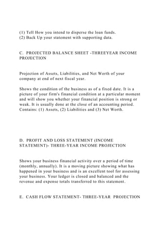 (1) Tell How you intend to disperse the loan funds.
(2) Back Up your statement with supporting data.
C. PROJECTED BALANCE SHEET -THREEYEAR INCOME
PROJECTION
Projection of Assets, Liabilities, and Net Worth of your
company at end of next fiscal year.
Shows the condition of the business as of a fixed date. It is a
picture of your firm's financial condition at a particular moment
and will show you whether your financial position is strong or
weak. It is usually done at the close of an accounting period.
Contains: (1) Assets, (2) Liabilities and (3) Net Worth.
D. PROFIT AND LOSS STATEMENT (INCOME
STATEMENT)- THREE-YEAR INCOME PROJECTION
Shows your business financial activity over a period of time
(monthly, annually). It is a moving picture showing what has
happened in your business and is an excellent tool for assessing
your business. Your ledger is closed and balanced and the
revenue and expense totals transferred to this statement.
E. CASH FLOW STATEMENT- THREE-YEAR PROJECTION
 