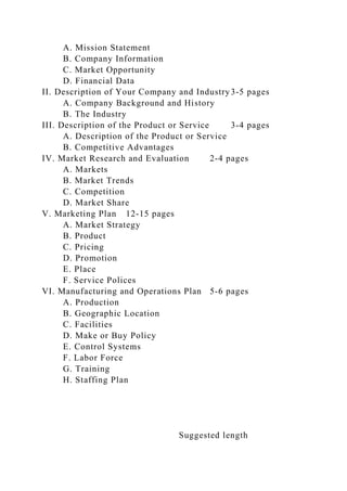 A. Mission Statement
B. Company Information
C. Market Opportunity
D. Financial Data
II. Description of Your Company and Industry3-5 pages
A. Company Background and History
B. The Industry
III. Description of the Product or Service 3-4 pages
A. Description of the Product or Service
B. Competitive Advantages
IV. Market Research and Evaluation 2-4 pages
A. Markets
B. Market Trends
C. Competition
D. Market Share
V. Marketing Plan 12-15 pages
A. Market Strategy
B. Product
C. Pricing
D. Promotion
E. Place
F. Service Polices
VI. Manufacturing and Operations Plan 5-6 pages
A. Production
B. Geographic Location
C. Facilities
D. Make or Buy Policy
E. Control Systems
F. Labor Force
G. Training
H. Staffing Plan
Suggested length
 