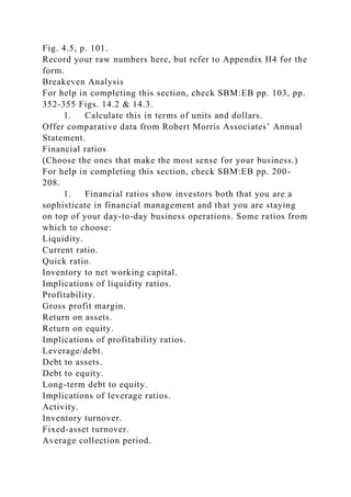 Fig. 4.5, p. 101.
Record your raw numbers here, but refer to Appendix H4 for the
form.
Breakeven Analysis
For help in completing this section, check SBM:EB pp. 103, pp.
352-355 Figs. 14.2 & 14.3.
1. Calculate this in terms of units and dollars.
Offer comparative data from Robert Morris Associates’ Annual
Statement.
Financial ratios
(Choose the ones that make the most sense for your business.)
For help in completing this section, check SBM:EB pp. 200-
208.
1. Financial ratios show investors both that you are a
sophisticate in financial management and that you are staying
on top of your day-to-day business operations. Some ratios from
which to choose:
Liquidity.
Current ratio.
Quick ratio.
Inventory to net working capital.
Implications of liquidity ratios.
Profitability.
Gross profit margin.
Return on assets.
Return on equity.
Implications of profitability ratios.
Leverage/debt.
Debt to assets.
Debt to equity.
Long-term debt to equity.
Implications of leverage ratios.
Activity.
Inventory turnover.
Fixed-asset turnover.
Average collection period.
 