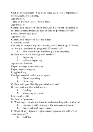 Cash Flow Statement- You need three cash flows: Optimistic,
Most Likely, Pessimistic.
Appendix H3
Table of Startup Costs--Retail Store
Appendix H4
Current and Projected Profit and Loss Statement--Example is
for three years: profit and loss should be prepared for five
years, current plus four.
Appendix H5
Current and Projected Balance Sheet
I. Global Issues
For help in completing this section, check SBEB pp. 377-401.
A. Are you prepared to go global if necessary?
1. How would your business plan be modified?
B. How would you enter global markets?
1. Exporting.
2. Indirect exporting.
Agents and brokers.
Export management company.
Export trade company.
Piggybacking.
Foreign-based distributors or agents.
3. Direct exporting.
4. Licensing.
C. How will you identify potential markets?
D. International financial matters.
1. Funding.
2. Managing payment.
Letters of credit.
Methods of payment.
E. What expertise do you have in understanding other cultures?
1. Language skills amongst the management team.
2. Cross-cultural experiences.
F. What, if any, trading regions/trade agreements will affect
your company?
1. NAFTA
 