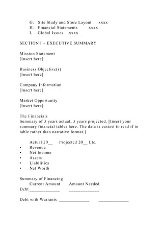 G. Site Study and Store Layout xxxx
H. Financial Statements xxxx
I. Global Issues xxxx
SECTION I – EXECUTIVE SUMMARY
Mission Statement
[Insert here]
Business Objective(s)
[Insert here]
Company Information
[Insert here]
Market Opportunity
[Insert here]
The Financials
Summary of 3 years actual, 3 years projected. [Insert your
summary financial tables here. The data is easiest to read if in
table rather than narrative format.]
Actual 20__ Projected 20__ Etc.
• Revenue
• Net Income
• Assets
• Liabilities
• Net Worth
Summary of Financing
Current Amount Amount Needed
Debt _____________ _____________
Debt with Warrants _____________ _____________
 