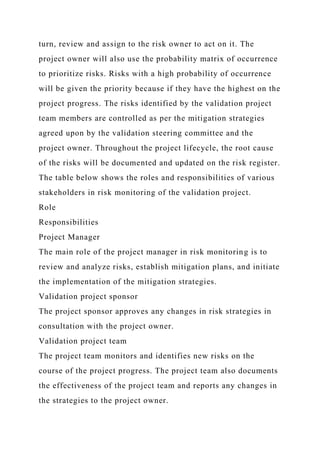 turn, review and assign to the risk owner to act on it. The
project owner will also use the probability matrix of occurrence
to prioritize risks. Risks with a high probability of occurrence
will be given the priority because if they have the highest on the
project progress. The risks identified by the validation project
team members are controlled as per the mitigation strategies
agreed upon by the validation steering committee and the
project owner. Throughout the project lifecycle, the root cause
of the risks will be documented and updated on the risk register.
The table below shows the roles and responsibilities of various
stakeholders in risk monitoring of the validation project.
Role
Responsibilities
Project Manager
The main role of the project manager in risk monitoring is to
review and analyze risks, establish mitigation plans, and initiate
the implementation of the mitigation strategies.
Validation project sponsor
The project sponsor approves any changes in risk strategies in
consultation with the project owner.
Validation project team
The project team monitors and identifies new risks on the
course of the project progress. The project team also documents
the effectiveness of the project team and reports any changes in
the strategies to the project owner.
 