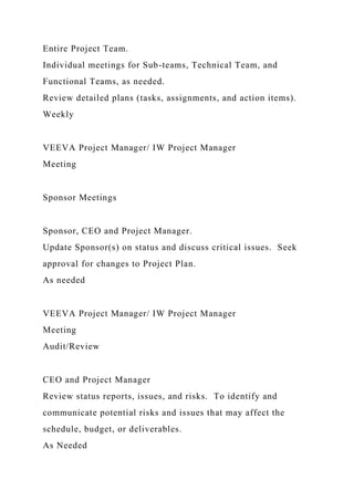 Entire Project Team.
Individual meetings for Sub-teams, Technical Team, and
Functional Teams, as needed.
Review detailed plans (tasks, assignments, and action items).
Weekly
VEEVA Project Manager/ IW Project Manager
Meeting
Sponsor Meetings
Sponsor, CEO and Project Manager.
Update Sponsor(s) on status and discuss critical issues. Seek
approval for changes to Project Plan.
As needed
VEEVA Project Manager/ IW Project Manager
Meeting
Audit/Review
CEO and Project Manager
Review status reports, issues, and risks. To identify and
communicate potential risks and issues that may affect the
schedule, budget, or deliverables.
As Needed
 