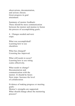 observations, documentation,
and actions chosen.
Great progress in goal
attainment.
Summary of mentor feedback:
There should be more communication
between the mentor and mentee to fasten
the process of accomplishing goals.
4. Changes needed and next
steps:
What was accomplished?
Learning how to use
checklists
What has changed?
Listening has improved.
What still needs to occur?
Learning how to use rating
scales effectively.
What needs to change?
Documentation and
communication with the
mentor. It should be faster.
Next steps: Increase the level
of collaboration
Evidence of making progress or meeting
goals:
Mentee’s strengths are supported.
What should change about the mentoring
process?
 