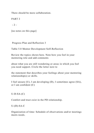 There should be more collaboration.
PART 2
- 2 -
[no notes on this page]
Progress Plan and Reflection 3
Table 5.8 Mentor Development Self-Reflection
Review the topics shown here. Note how you feel in your
mentoring role and add comments
about what you are still wondering or areas in which you feel
you need support. Circle the letter next to
the statement that describes your feelings about your mentoring
relationship(s) or skills.
I feel unsure (U), I am developing (D), I sometimes agree (SA),
or I am confident (C)
U-D-SA-(C)
Comfort and trust exist in the PD relationship.
U-(D)-SA-C
Organization of time: Schedule of observations and/or meetings
meets needs.
 