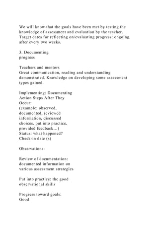 We will know that the goals have been met by testing the
knowledge of assessment and evaluation by the teacher.
Target dates for reflecting on/evaluating progress: ongoing,
after every two weeks.
3. Documenting
progress
Teachers and mentors
Great communication, reading and understanding
demonstrated. Knowledge on developing some assessment
types gained.
Implementing: Documenting
Action Steps After They
Occur:
(example: observed,
documented, reviewed
information, discussed
choices, put into practice,
provided feedback…)
Status: what happened?
Check-in date (s)
Observations:
Review of documentation:
documented information on
various assessment strategies
Put into practice: the good
observational skills
Progress toward goals:
Good
 