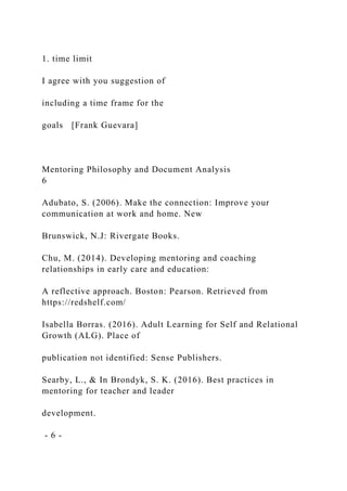 1. time limit
I agree with you suggestion of
including a time frame for the
goals [Frank Guevara]
Mentoring Philosophy and Document Analysis
6
Adubato, S. (2006). Make the connection: Improve your
communication at work and home. New
Brunswick, N.J: Rivergate Books.
Chu, M. (2014). Developing mentoring and coaching
relationships in early care and education:
A reflective approach. Boston: Pearson. Retrieved from
https://redshelf.com/
Isabella Borras. (2016). Adult Learning for Self and Relational
Growth (ALG). Place of
publication not identified: Sense Publishers.
Searby, L., & In Brondyk, S. K. (2016). Best practices in
mentoring for teacher and leader
development.
- 6 -
 
