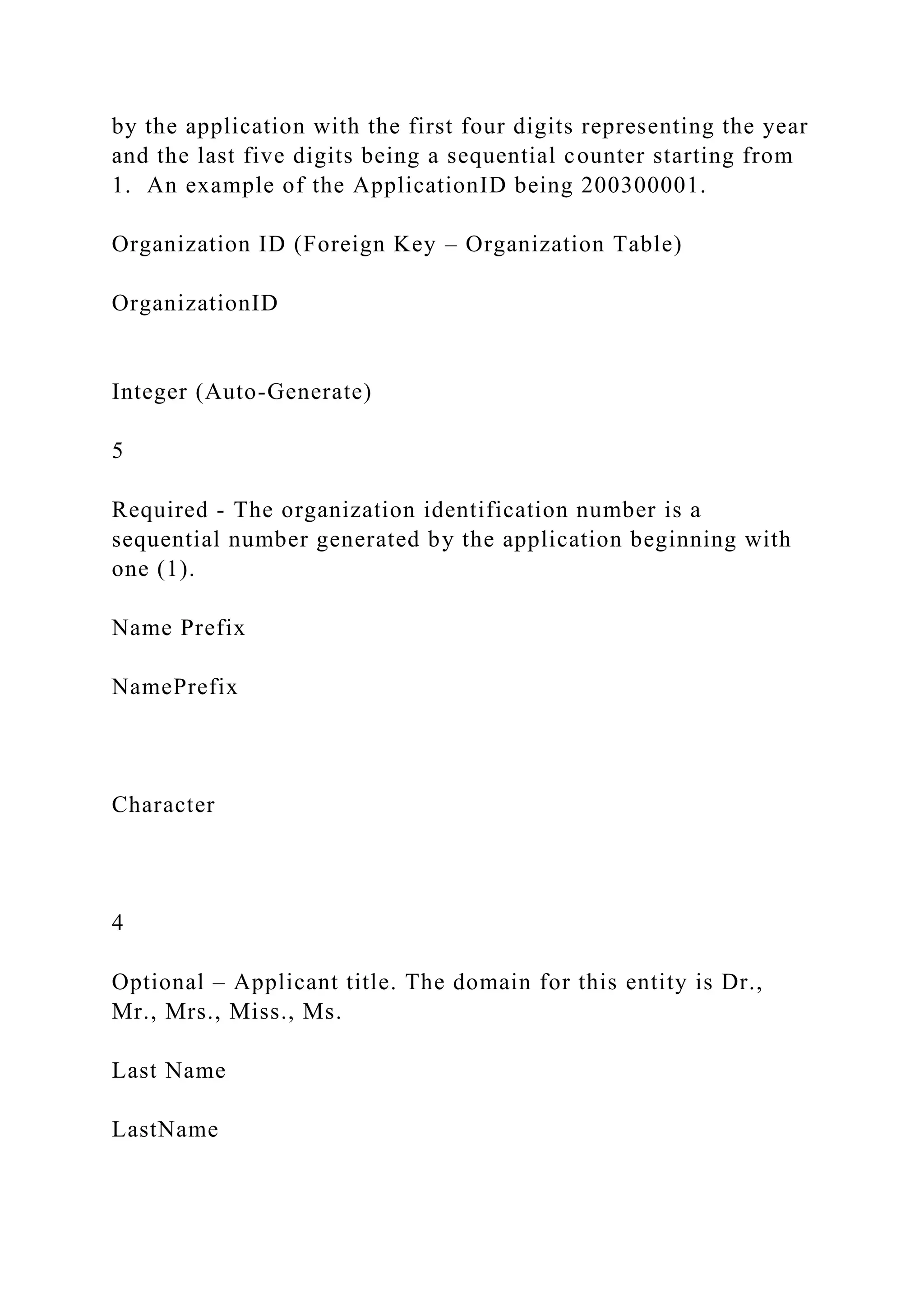 by the application with the first four digits representing the year
and the last five digits being a sequential counter starting from
1. An example of the ApplicationID being 200300001.
Organization ID (Foreign Key – Organization Table)
OrganizationID
Integer (Auto-Generate)
5
Required - The organization identification number is a
sequential number generated by the application beginning with
one (1).
Name Prefix
NamePrefix
Character
4
Optional – Applicant title. The domain for this entity is Dr.,
Mr., Mrs., Miss., Ms.
Last Name
LastName
 
