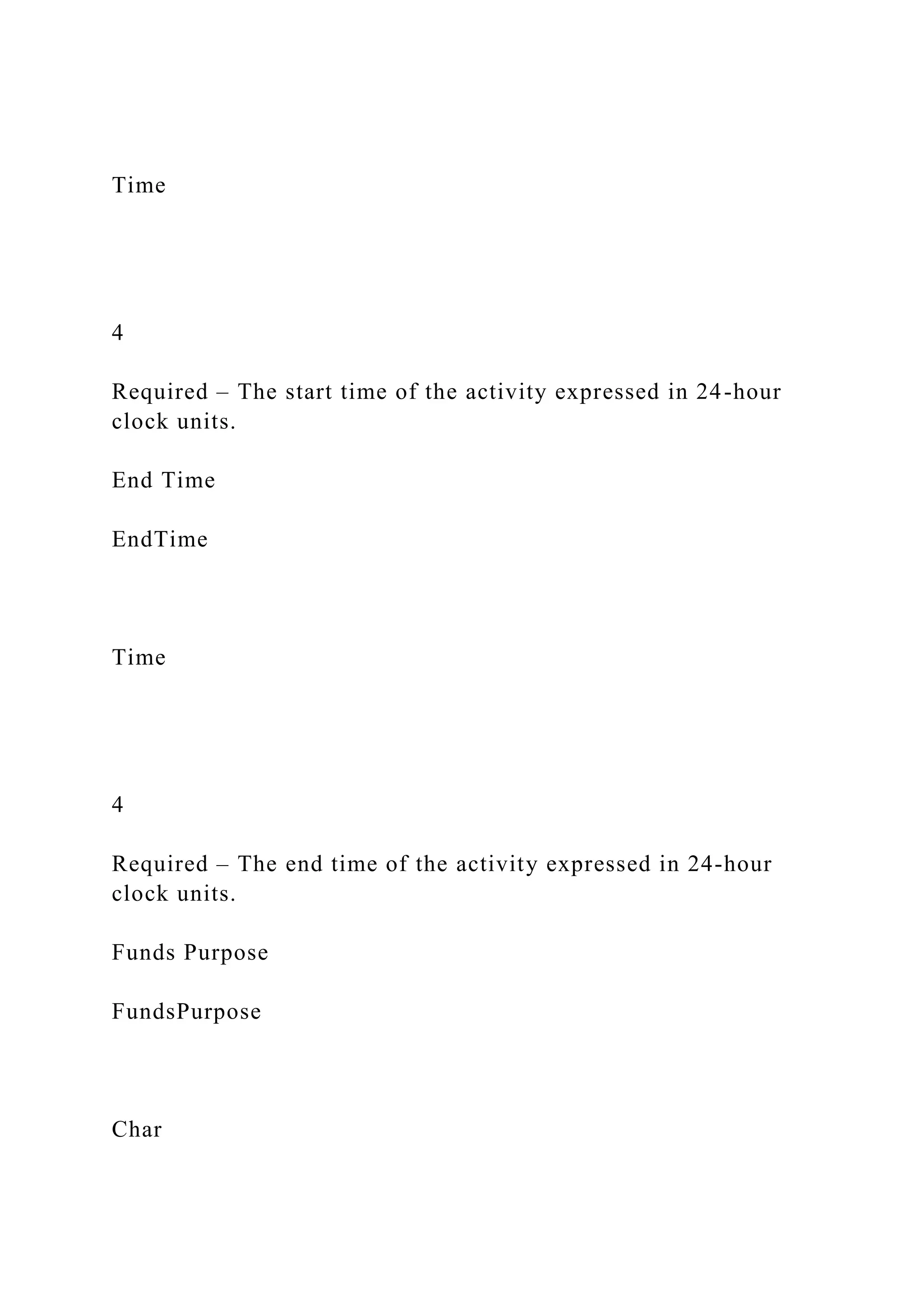 Time
4
Required – The start time of the activity expressed in 24-hour
clock units.
End Time
EndTime
Time
4
Required – The end time of the activity expressed in 24-hour
clock units.
Funds Purpose
FundsPurpose
Char
 