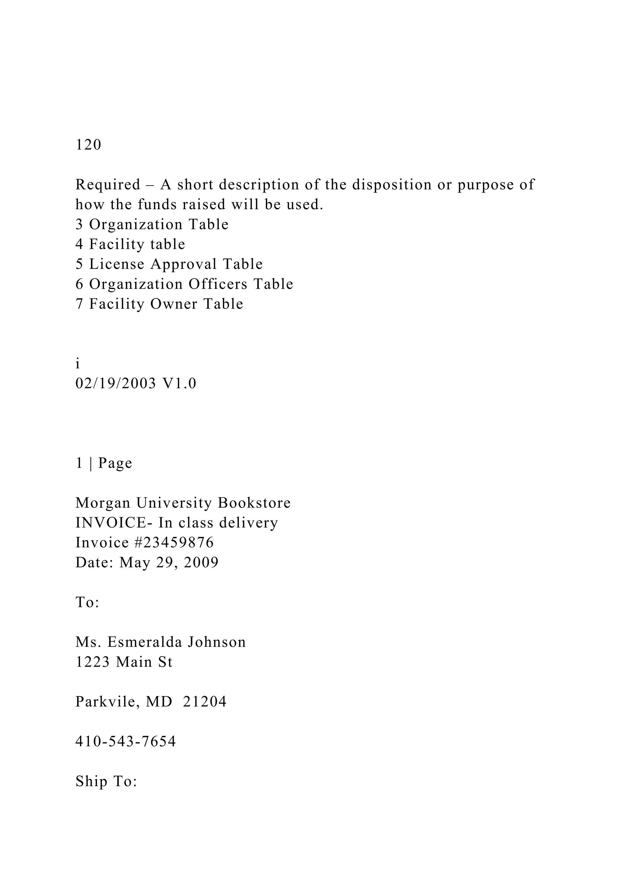 120
Required – A short description of the disposition or purpose of
how the funds raised will be used.
3 Organization Table
4 Facility table
5 License Approval Table
6 Organization Officers Table
7 Facility Owner Table
i
02/19/2003 V1.0
1 | Page
Morgan University Bookstore
INVOICE- In class delivery
Invoice #23459876
Date: May 29, 2009
To:
Ms. Esmeralda Johnson
1223 Main St
Parkvile, MD 21204
410-543-7654
Ship To:
 