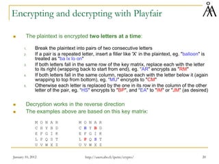 January 10, 2012 20
Encrypting and decrypting with Playfair
 The plaintext is encrypted two letters at a time:
1. Break the plaintext into pairs of two consecutive letters
2. If a pair is a repeated letter, insert a filler like 'X‘ in the plaintext, eg. "balloon" is
treated as "ba lx lo on"
3. If both letters fall in the same row of the key matrix, replace each with the letter
to its right (wrapping back to start from end), eg. “AR" encrypts as "RM"
4. If both letters fall in the same column, replace each with the letter below it (again
wrapping to top from bottom), eg. “MU" encrypts to "CM"
5. Otherwise each letter is replaced by the one in its row in the column of the other
letter of the pair, eg. “HS" encrypts to "BP", and “EA" to "IM" or "JM" (as desired)
 Decryption works in the reverse direction
 The examples above are based on this key matrix:
M O N A R M O N A R
C H Y B D C H Y B D
E F G I K E F G I K
L P Q S T L P Q S T
U V W X Z U V W X Z
http://users.abo.fi/ipetre/crypto/
 