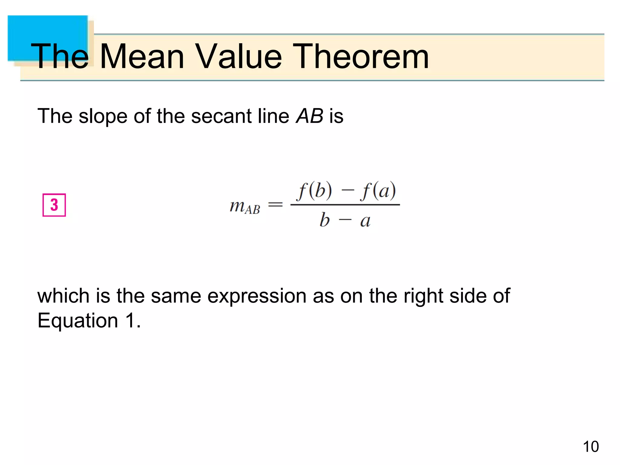 10
The Mean Value Theorem
The slope of the secant line AB is
which is the same expression as on the right side of
Equation 1.
 