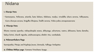 Nidana
1. Aharaja Hetu
◦ Santarpana, Atilavana, atiamla, katu kshara, tikshana, madya, viruddha ahara sevena, Adhyasana,
Guru dravyas sevana, Snigdha bhojana, Dadhi sevena, Visha-yukta annapanasevana
2. Viharaja Hetu
Sheeta maruta sparsha, vishayuktajala snana, abhyanga, udvartana, vastra, abhusana, keeta damsha,
bahya krimi, chardi nigraha, atidiwaswapna, shishir ritu, varshakala.
3. Nidanaarthakara Roga
Sannipatika, Pittaja and Kaphaja Jwara, Unmada, Adhoga Amlapitta
4. Chikitsa Mithya yoga- Vamana Virechana Ayoga.
 