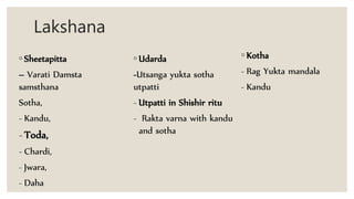 Lakshana
◦ Sheetapitta
– Varati Damsta
samsthana
Sotha,
- Kandu,
- Toda,
- Chardi,
- Jwara,
- Daha
◦ Udarda
-Utsanga yukta sotha
utpatti
- Utpatti in Shishir ritu
- Rakta varna with kandu
and sotha
◦ Kotha
- Rag Yukta mandala
- Kandu
 