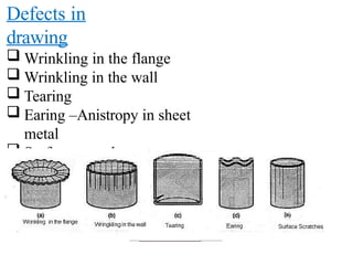 Defects in
drawing
 Wrinkling in the flange
 Wrinkling in the wall
 Tearing
 Earing –Anistropy in sheet
metal
 Surface scratch
 