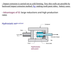 - Impact extrusion is carried out as cold forming. Very thin walls are possible by
backward impact extrusion method. Eg: making tooth paste tubes, battery cases.
- Advantages of IE: large reductions and high production
rates
Hydrostatic extrusion:
Hydrostatic
extrusion
 