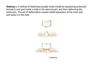 Staking is a method of fastening (usually sheet metal) by squeezing protrusion
formed in one part inside a hole in the second part, and then deforming the
protrusion. The act of deformation causes radial expansion of the inner part
and locks it in the hole.
 