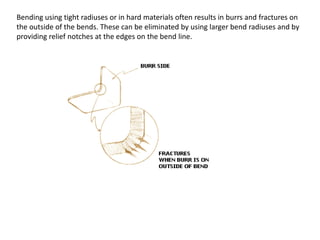 Bending using tight radiuses or in hard materials often results in burrs and fractures on
the outside of the bends. These can be eliminated by using larger bend radiuses and by
providing relief notches at the edges on the bend line.
 