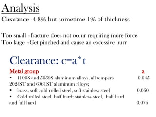 Analysis
Clearance -4-8% but sometime 1% of thickness
Too small –fracture does not occur requiring more force.
Too large –Get pinched and cause an excessive burr
Clearance: c=a*t
Metal group a
 1100S and 5052S aluminum alloys, all tempers 0.045
2024ST and 6061ST aluminum alloys;
 brass, soft cold rolled steel, soft stainless steel 0.060
 Cold rolled steel, half hard; stainless steel, half hard
and full hard 0.075
 