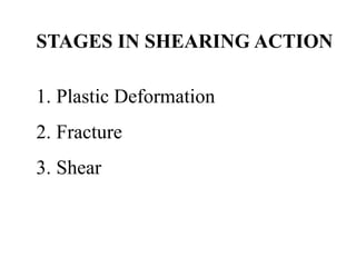 STAGES IN SHEARING ACTION
1. Plastic Deformation
2. Fracture
3. Shear
 